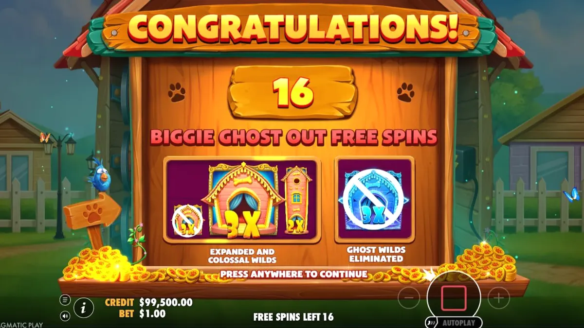 The Big Dog House slot game interface featuring playful dogs in a backyard setting.